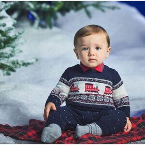 Janie and Jack Fair Isle Knit One-piece in Red & Navy Trains Size 6-12mos